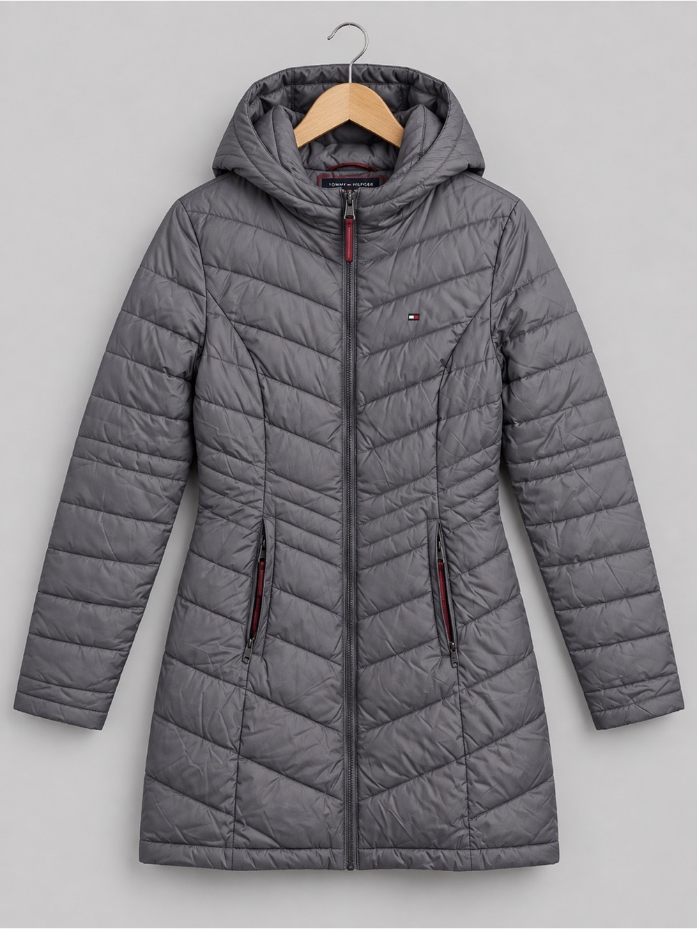 Tommy Hilfiger Quilted Duck Down Hooded Long Puffer Coat - Gray